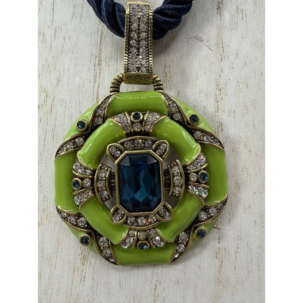 NWTS Heidi Daus Newport Chic II Enamel & Crystal Necklace Green Medallion & Cord